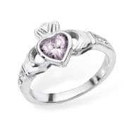 Sterling silver rubover set Pink cubic zirconia claddagh ring