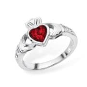 Sterling silver rubover set ruby cubic zirconia claddagh ring