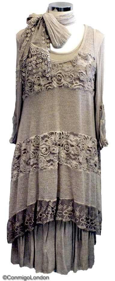 1a Made in Italy - go ITT214BG - Beige Long Layered Dress & Scarf 3 items