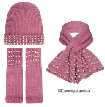 3 items / Alice Hannah Pearl Embellished Winter Set - Beanie, Collar & Arm Warmers