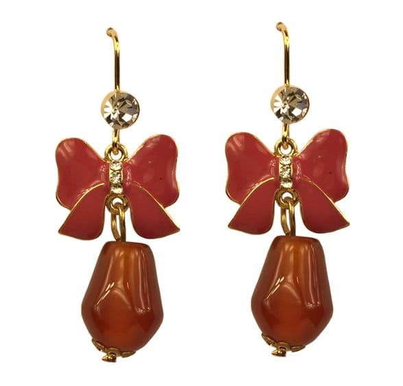 a25c Ladies’ fuchsia red bow with amber stone crystal drop earrings