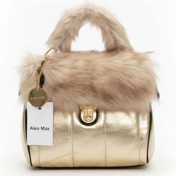 Alex Max 1691 Modern Fine Faux Fur Handbag - Gold - Florence, Italian