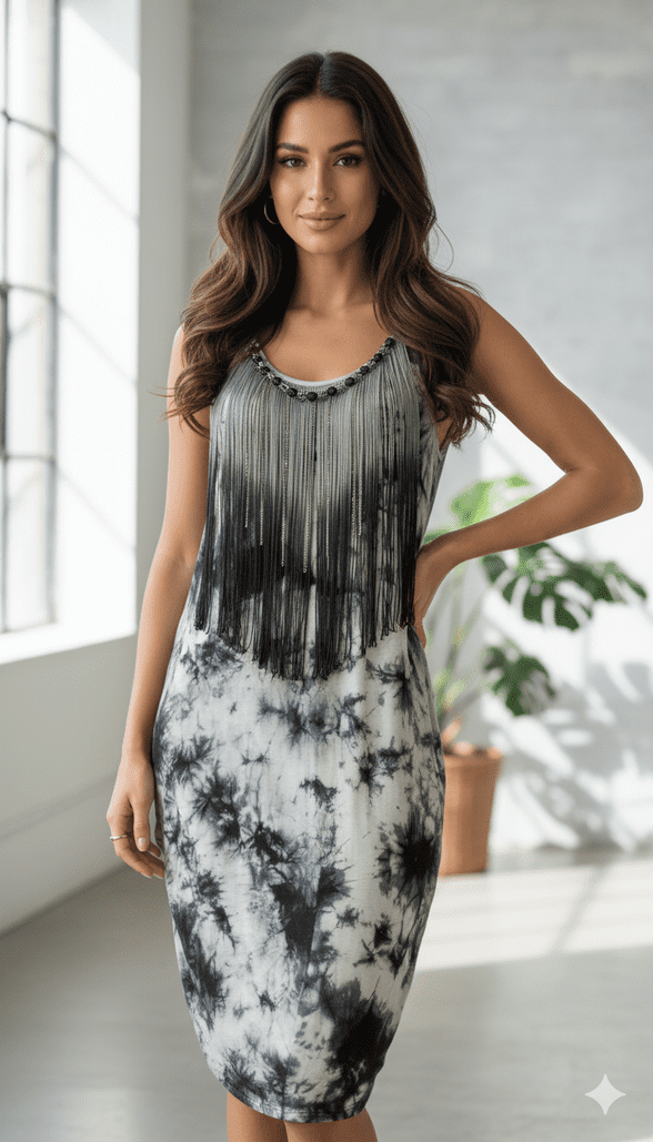 Con Mi Go London unique designer fringed cutout Jersey dress