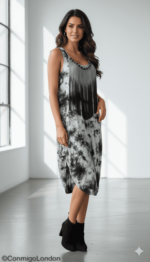 Con Mi Go London unique designer fringed cutout Jersey dress