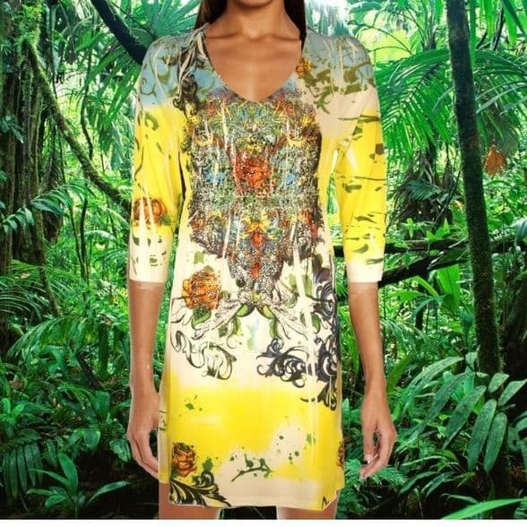 Con Mi Go London V2 Colourful sequined embelished Flora Print Jersey Dress - Yellow - Long Sleeves