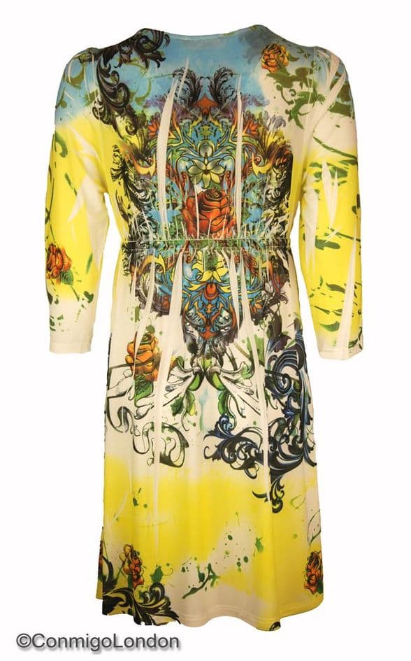 Con Mi Go London V2 Colourful sequined embelished Flora Print Jersey Dress - Yellow - Long Sleeves