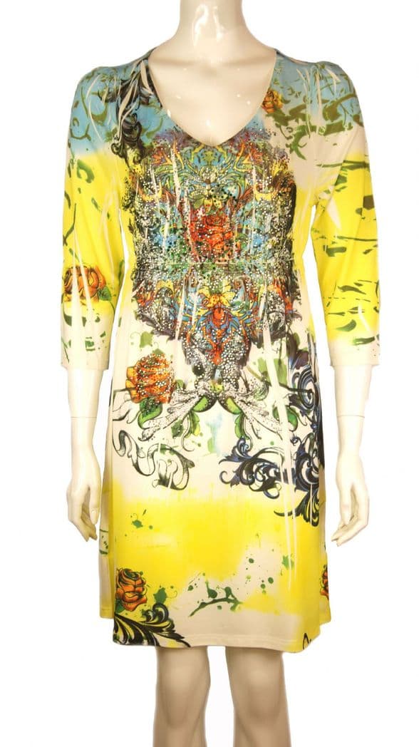 Con Mi Go London V2 Colourful sequined embelished Flora Print Jersey Dress - Yellow - Long Sleeves