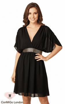 ConMiGo  324 V-neck Embellished  Dress - Black