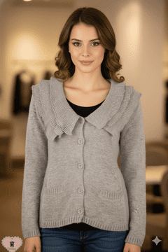 ConMiGo 446 Angora Ruffle Collar Cardigan - Light Grey
