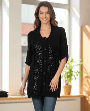 ConMiGo 655 Angora Long Sleeve Sequin Cardigan - Black