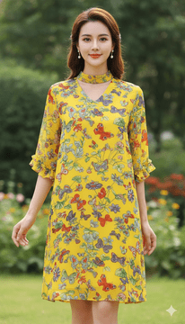 ConMiGo A001255 yellow butterfly and flora printed silk crepe de chine mini dress
