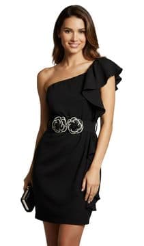 ConMiGo B55 unique designer one shoulder black mini fitted dress with flower belt