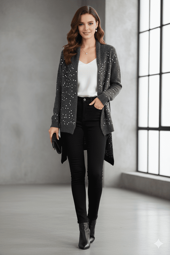ConMiGo BS310 glamorous dark grey and black Angora Sequin Cardigan