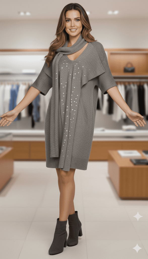 ConMiGo CB100 Glamorous Short Sleeve Grey Angora Sequin Jumper Dress with attached scarf at V