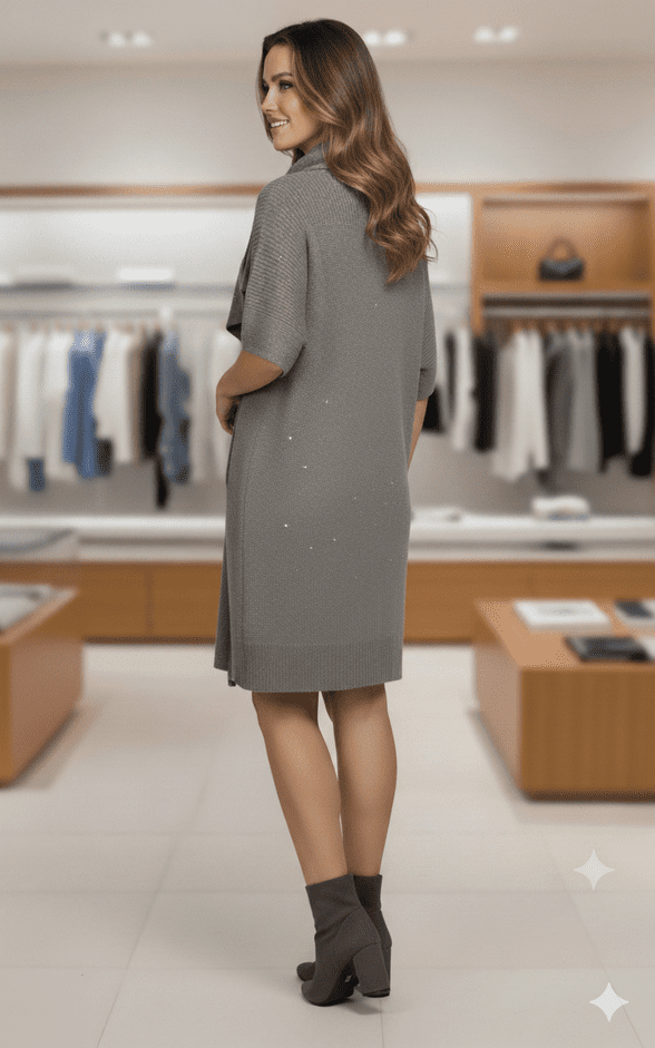 ConMiGo CB100 Glamorous Short Sleeve Grey Angora Sequin Jumper Dress with attached scarf at V