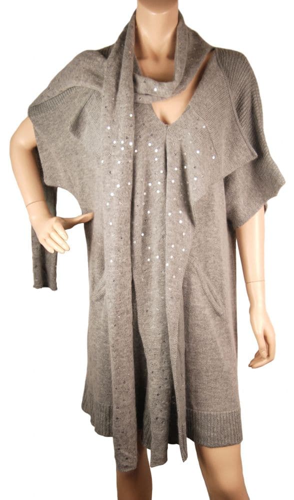 ConMiGo CB100 Glamorous Short Sleeve Grey Angora Sequin Jumper Dress with attached scarf at V