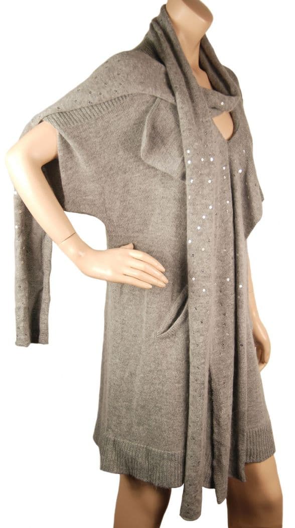 ConMiGo CB100 Glamorous Short Sleeve Grey Angora Sequin Jumper Dress with attached scarf at V