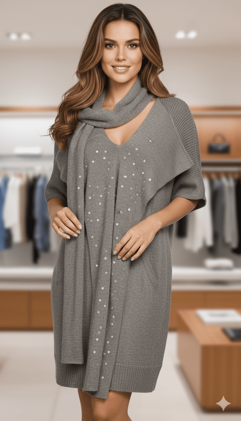 ConMiGo CB100 Glamorous Short Sleeve Grey Angora Sequin Jumper Dress with  attached scarf at V