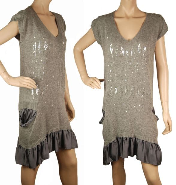 ConMiGo CB510 Glamorous Sleeveless Grey Angora Sequin Jumper Dress with Silk Satin peplum hem