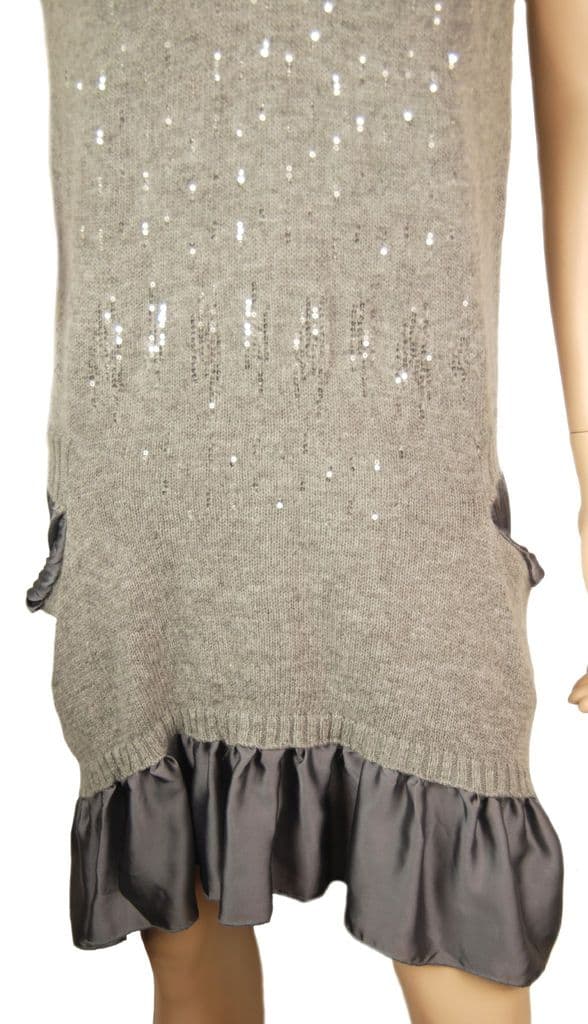 ConMiGo CB510 Glamorous Sleeveless Grey Angora Sequin Jumper Dress with Silk Satin peplum hem