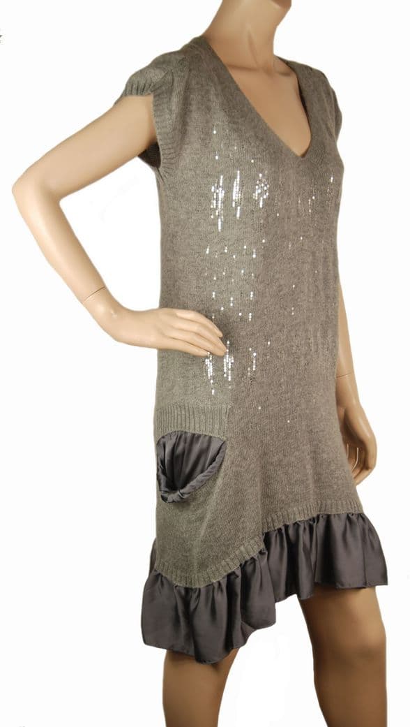ConMiGo CB510 Glamorous Sleeveless Grey Angora Sequin Jumper Dress with Silk Satin peplum hem