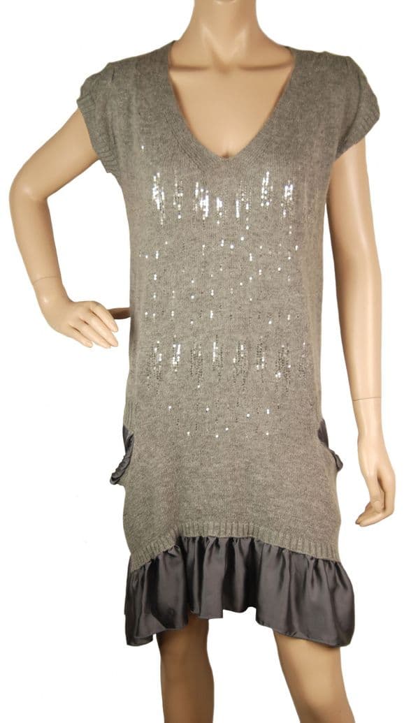 ConMiGo CB510 Glamorous Sleeveless Grey Angora Sequin Jumper Dress with Silk Satin peplum hem