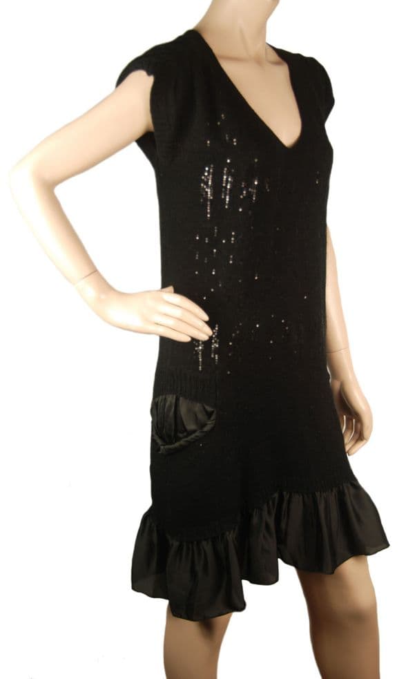 ConMiGo CB520 Glamorous Sleeveless Black Angora Sequin Jumper Dress with Silk Satin peplum hem