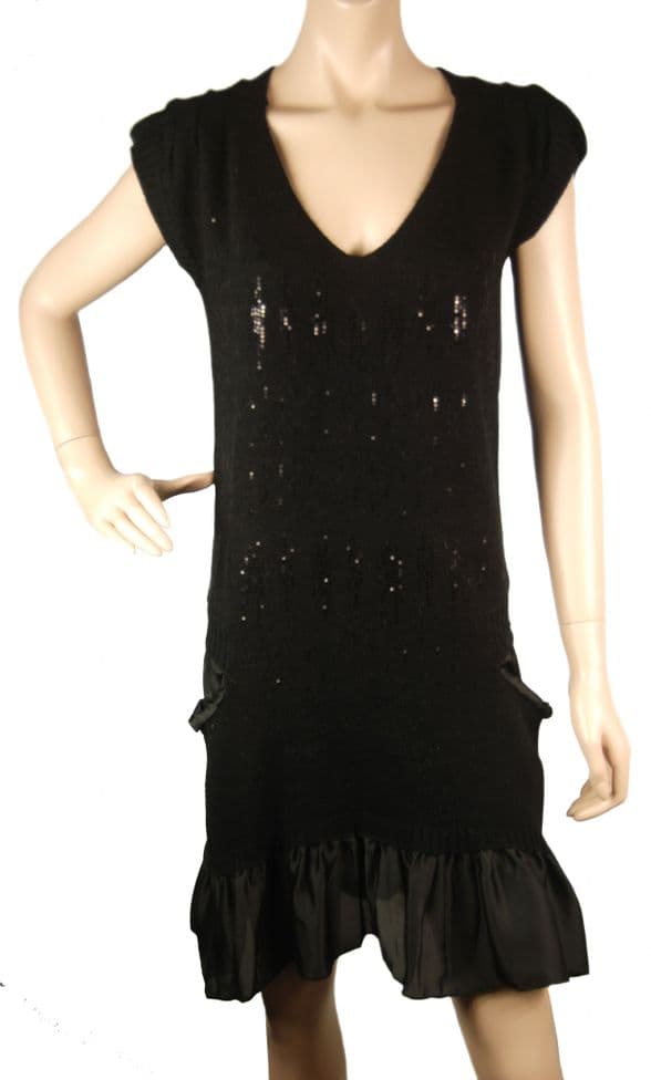 ConMiGo CB520 Glamorous Sleeveless Black Angora Sequin Jumper Dress with Silk Satin peplum hem