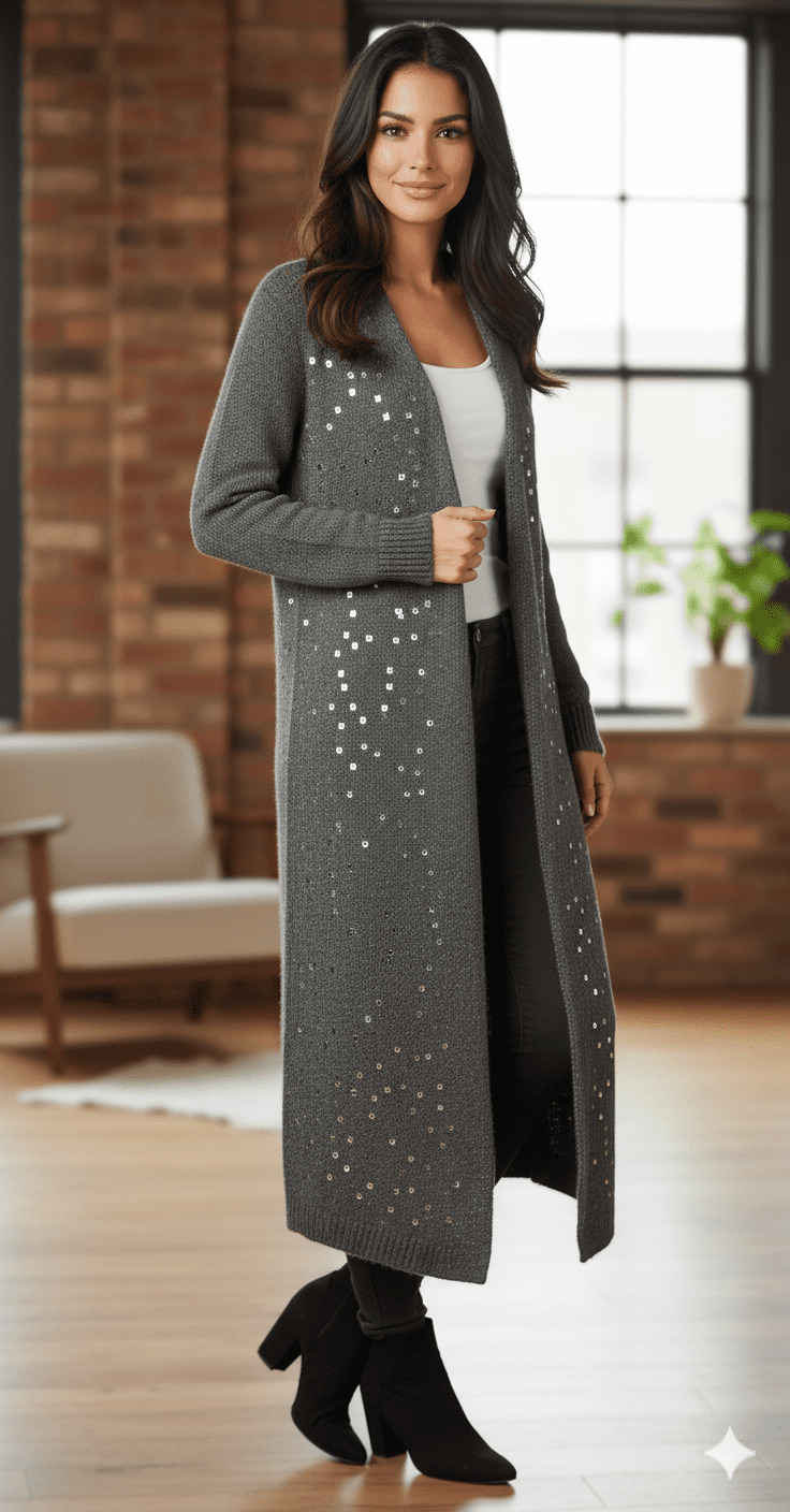 ConMiGo CC120 Glamorous Long Dark Grey Angora Sequin Cardigan