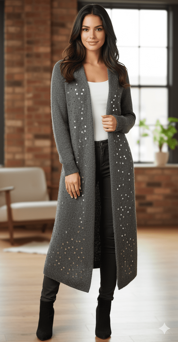 ConMiGo CC120 Glamorous Long Dark Grey Angora Sequin Cardigan