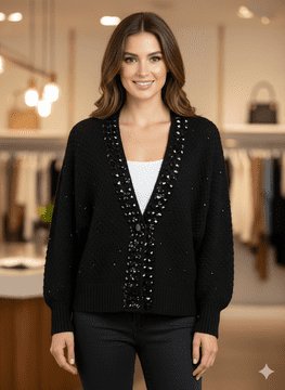 ConMiGo CD120 Long Sleeve Bead-embroidered Cardigan - Black