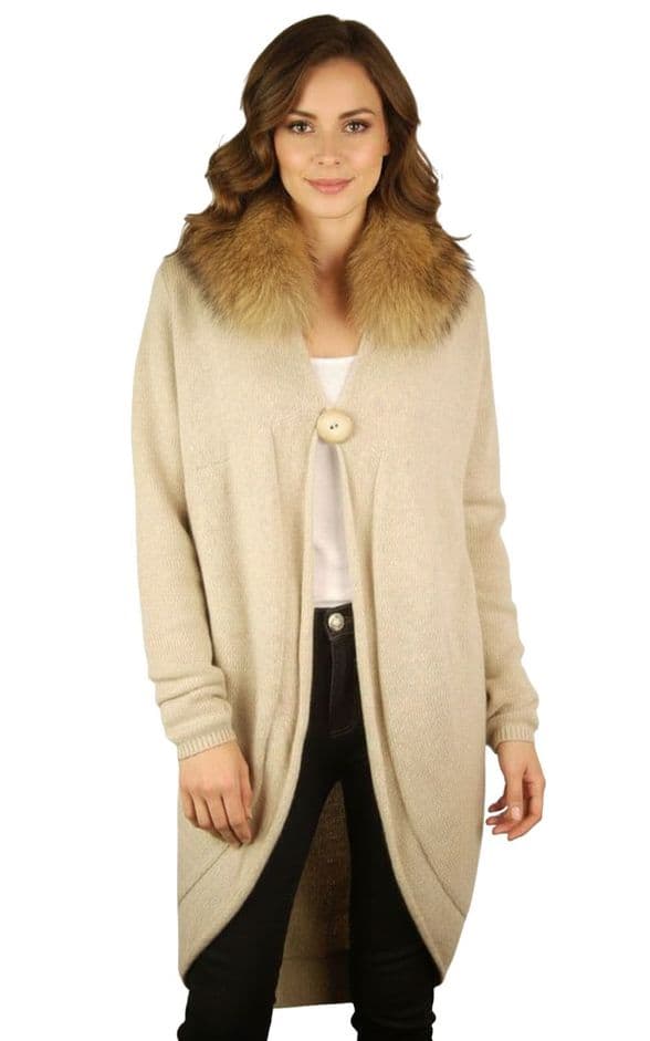 ConMiGo CD900 Beige Wool Coat-Style Cardigan with Fox Fur Hoodth Fox Fur Hood