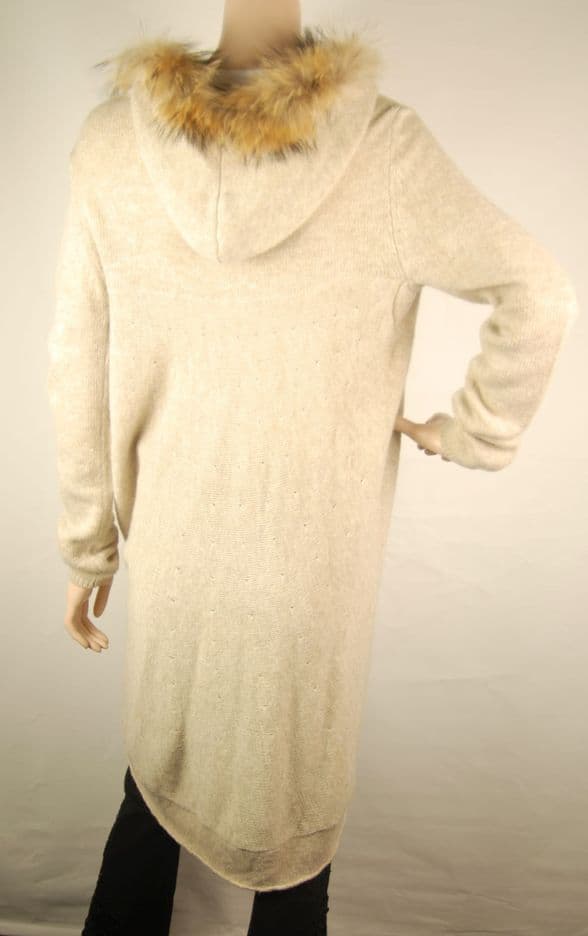 ConMiGo CD900 Beige Wool Coat-Style Cardigan with Fox Fur Hoodth Fox Fur Hood
