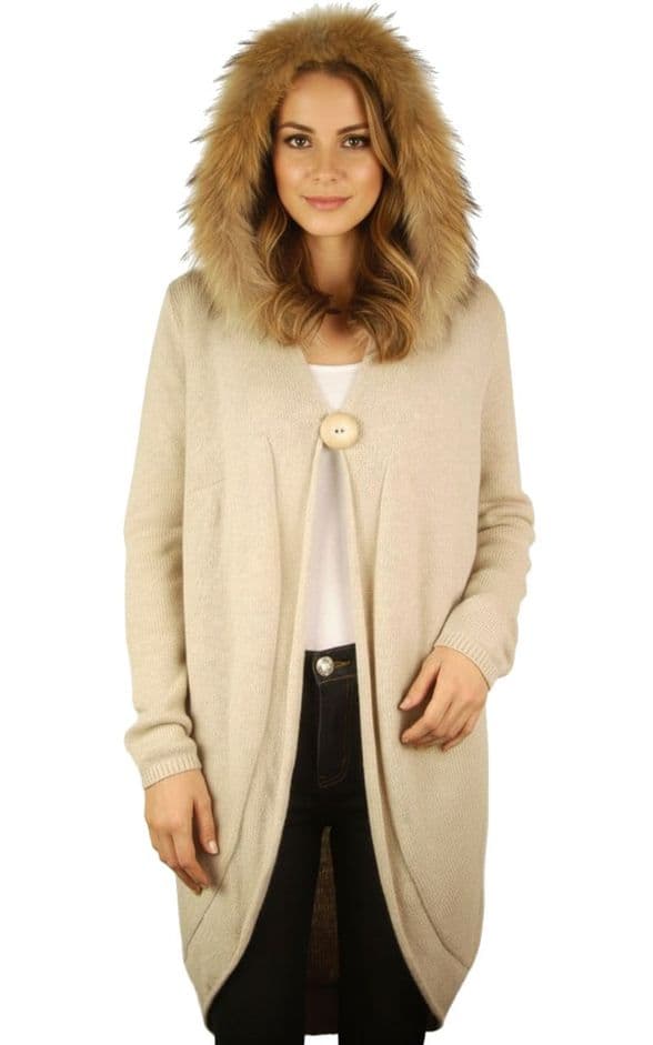 ConMiGo CD900 Beige Wool Coat-Style Cardigan with Fox Fur Hoodth Fox Fur Hood