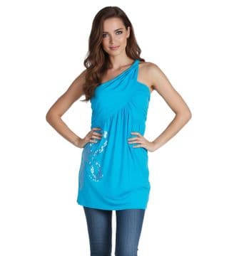 ConMiGo COA009 Dazzling Sky Blue One-Shoulder Sequin Tunic Top