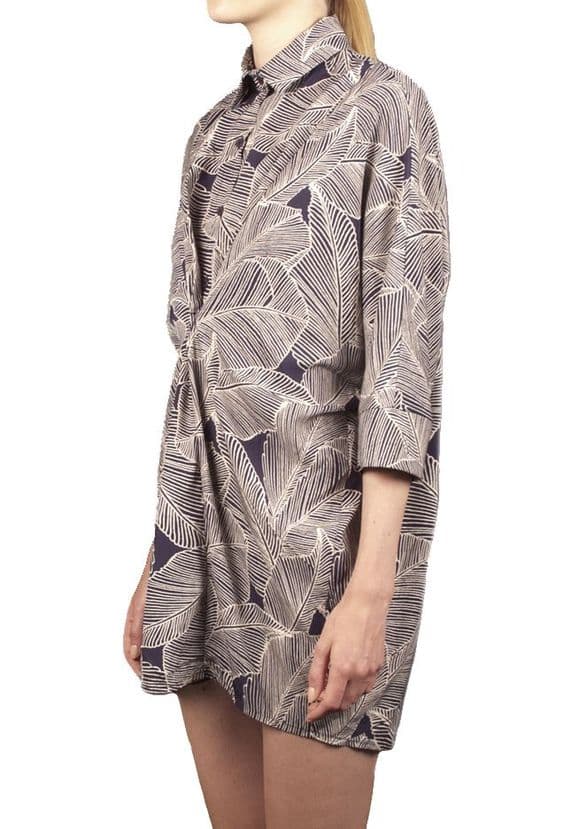 ConMiGo London COA004 Printed Leaf Shirt Dress - Navy Blue