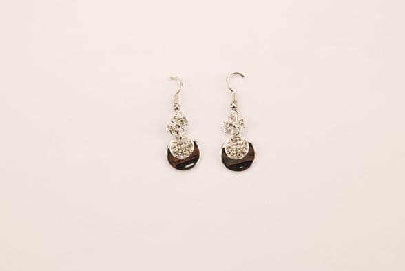 ConMiGo London E110140 Sparkling bow and disc drop earrings contrasted with a mineral effect crescen