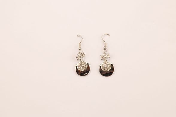 ConMiGo London E110140 Sparkling bow and disc drop earrings contrasted with a mineral effect crescen