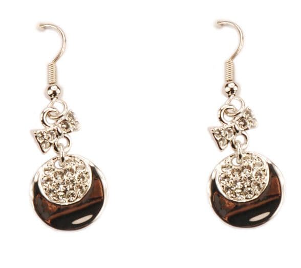 ConMiGo London E110140 Sparkling bow and disc drop earrings contrasted with a mineral effect crescen