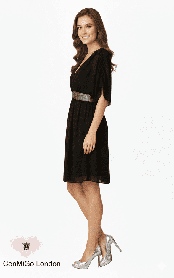ConMiGo London's Embellished V-Neck Midi Dress: Elegance Redefined