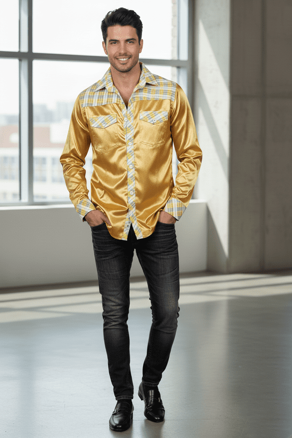 ConMiGo London SSA8001 Contemporary Modern Silk Satin Shirt with Silk Check Print Collar