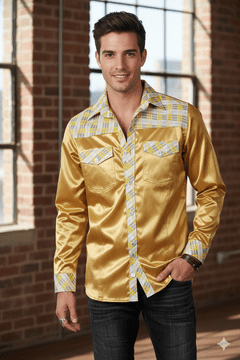 ConMiGo London SSA8001 Contemporary Modern Silk Satin Shirt with Silk Check Print Collar