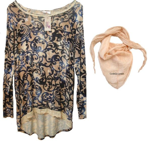 Floral Printed Cotton Jumper with sequin embellishment & includes free scarf / Made in Italy 2 items