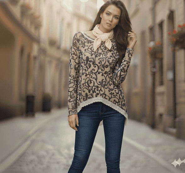 Floral Printed Cotton Jumper with sequin embellishment & includes free scarf / Made in Italy 2 items