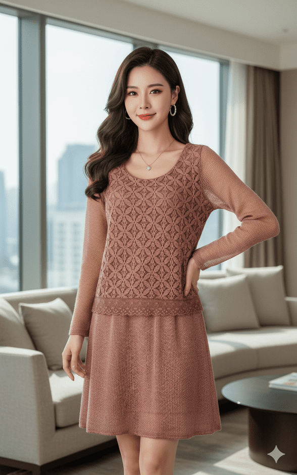 Made in Italy - abg132  -  Dusky Pink Fitted Lace Dress