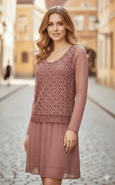 Made in Italy - abg132  -  Dusky Pink Fitted Lace Dress