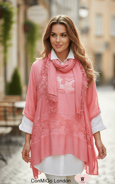 Made in Italy  Coral Cotton Shirt Jumper & Scarf - 3 piece fashion set -