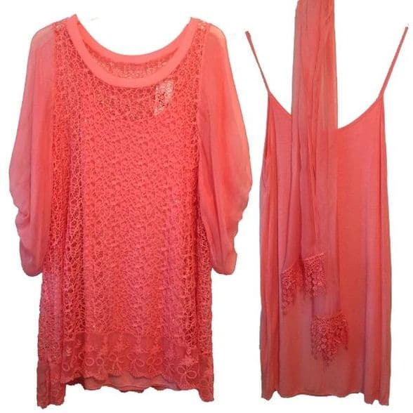 Made in Italy - GITD092C - Coral Two Piece Lace Tunic With Matching Scarf / 3 items