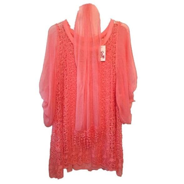 Made in Italy - GITD092C - Coral Two Piece Lace Tunic With Matching Scarf / 3 items