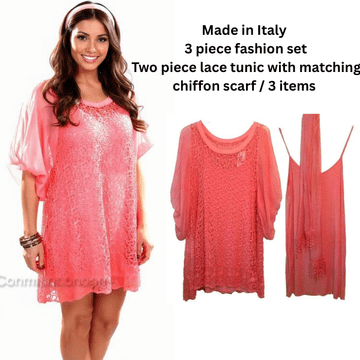 Made in Italy - GITD092C - Coral Two Piece Lace Tunic With Matching Scarf / 3 items
